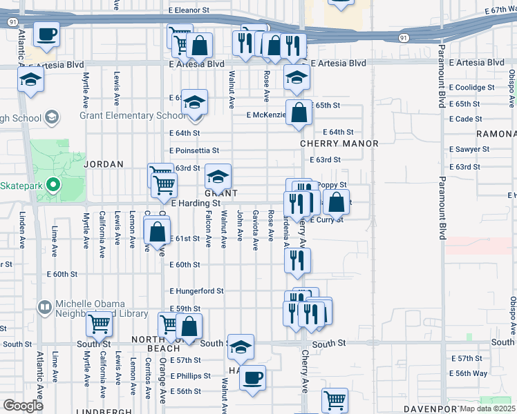 map of restaurants, bars, coffee shops, grocery stores, and more near 1702 East Harding Street in Long Beach