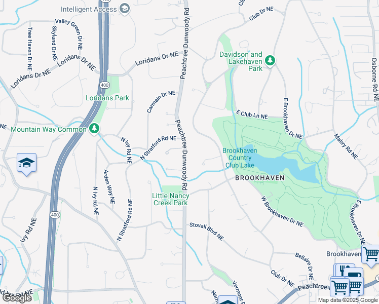 map of restaurants, bars, coffee shops, grocery stores, and more near 4105 Peachtree Dunwoody Road in Atlanta