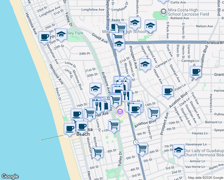 map of restaurants, bars, coffee shops, grocery stores, and more near 1600 Ardmore Avenue in Hermosa Beach