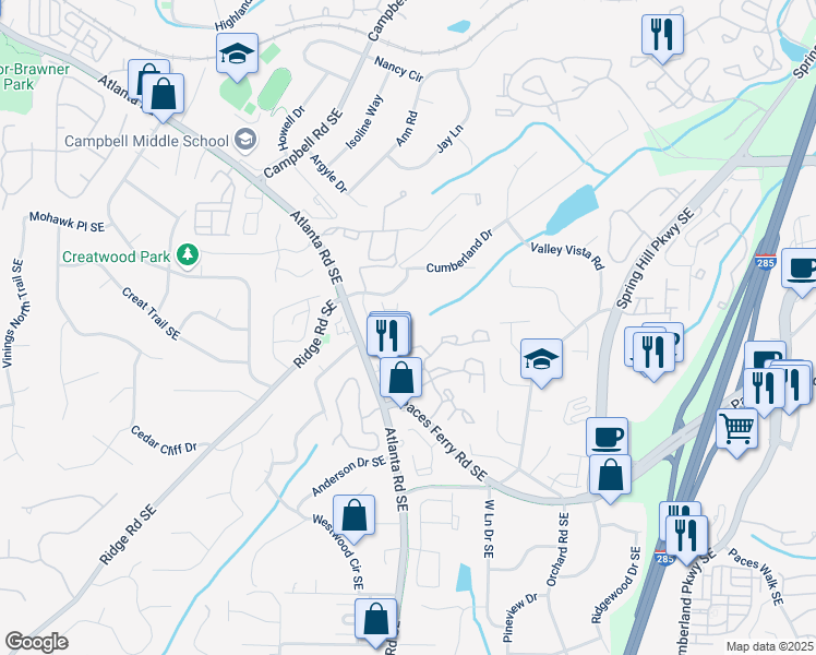 map of restaurants, bars, coffee shops, grocery stores, and more near 2166 Sonoma Drive Southeast in Smyrna