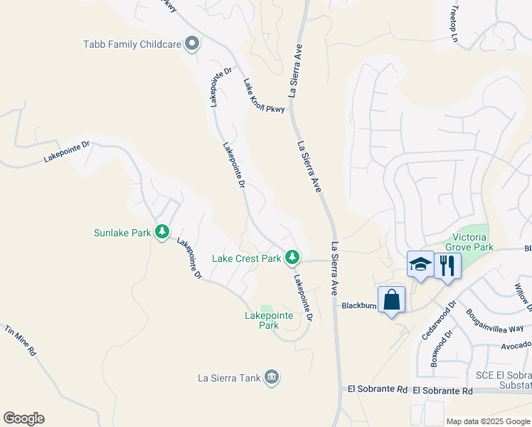 map of restaurants, bars, coffee shops, grocery stores, and more near 17346 Cold Spring Circle in Riverside