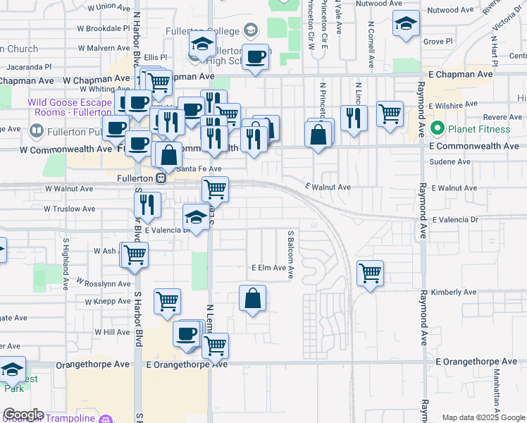 map of restaurants, bars, coffee shops, grocery stores, and more near 424 East Truslow Avenue in Fullerton