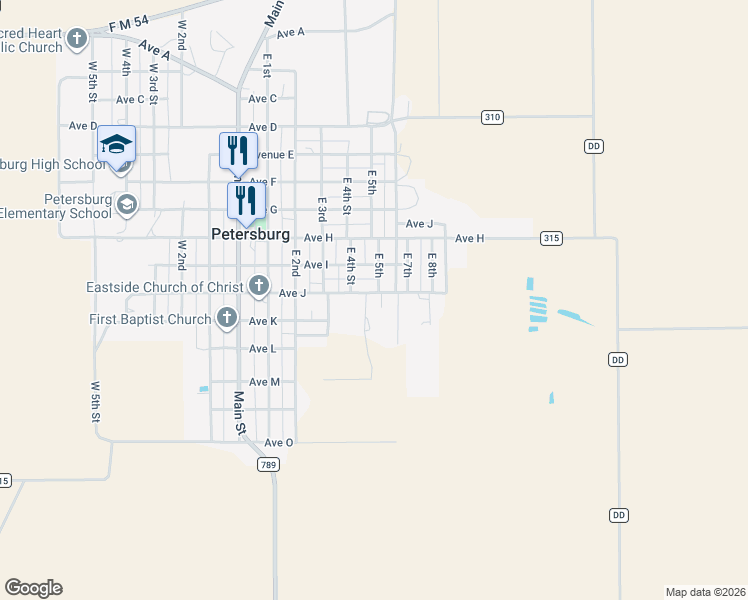 map of restaurants, bars, coffee shops, grocery stores, and more near 1913 Avenue J in Petersburg