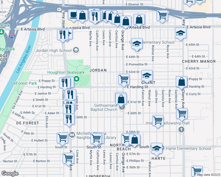 map of restaurants, bars, coffee shops, grocery stores, and more near 6190 Lemon Avenue in Long Beach