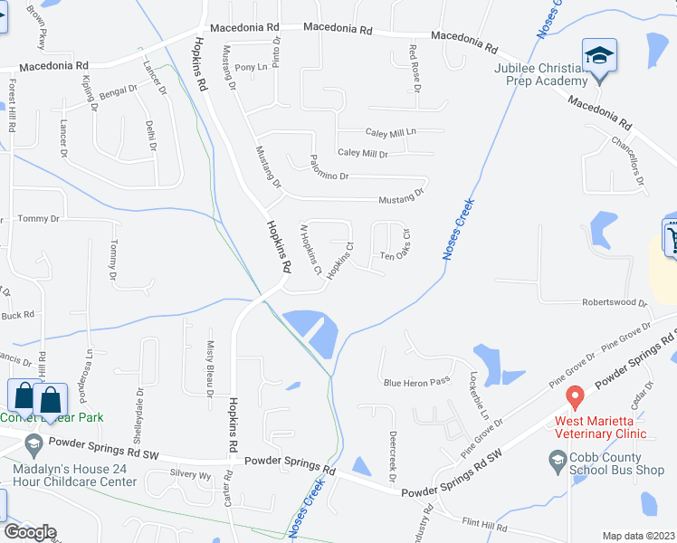 map of restaurants, bars, coffee shops, grocery stores, and more near 3526 Hopkins Court in Powder Springs