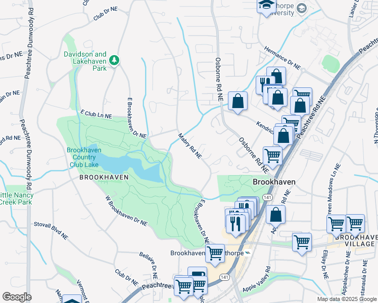 map of restaurants, bars, coffee shops, grocery stores, and more near 2726 Mabry Road Northeast in Atlanta