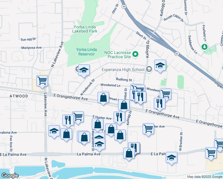 map of restaurants, bars, coffee shops, grocery stores, and more near 18551 East Tango Avenue in Anaheim