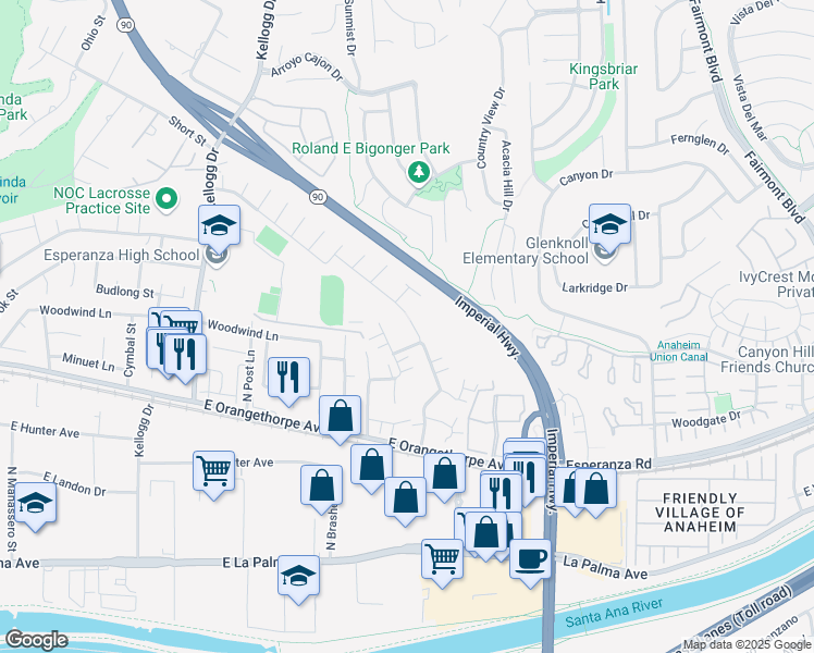 map of restaurants, bars, coffee shops, grocery stores, and more near 1795 North Willow Woods Drive in Anaheim