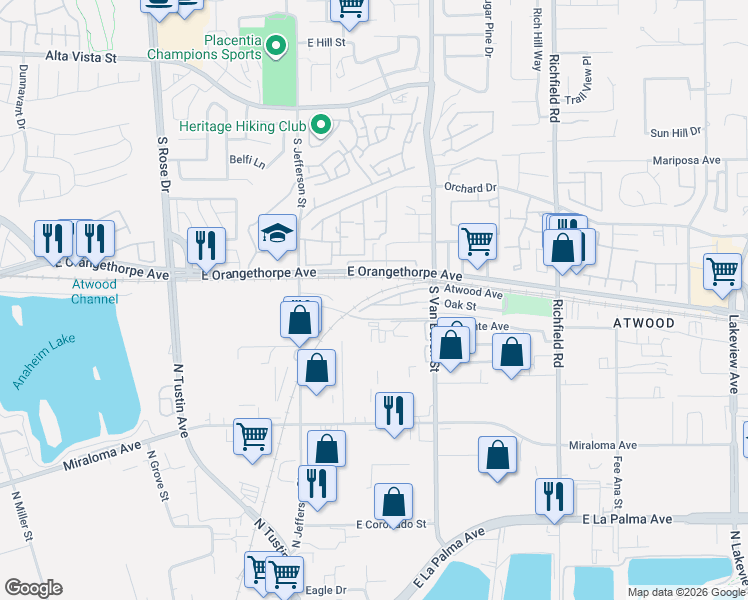 map of restaurants, bars, coffee shops, grocery stores, and more near 1553 Lima Way in Placentia