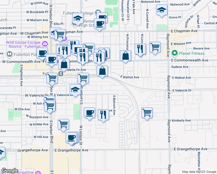 map of restaurants, bars, coffee shops, grocery stores, and more near 440 East Truslow Avenue in Fullerton
