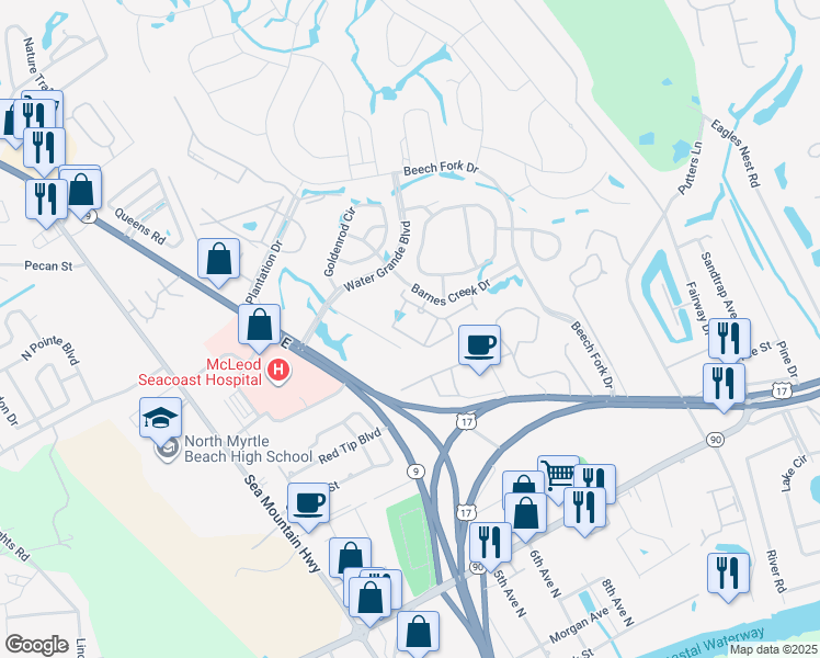 map of restaurants, bars, coffee shops, grocery stores, and more near 103 Queens Road in Little River