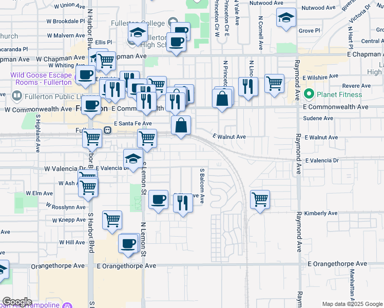 map of restaurants, bars, coffee shops, grocery stores, and more near 440 East Truslow Avenue in Fullerton