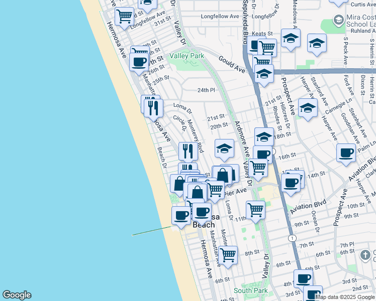 map of restaurants, bars, coffee shops, grocery stores, and more near 1900 Hermosa Avenue in Hermosa Beach