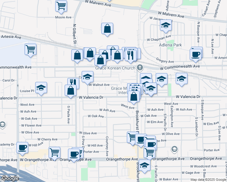 map of restaurants, bars, coffee shops, grocery stores, and more near 218 South Muroc Place in Fullerton