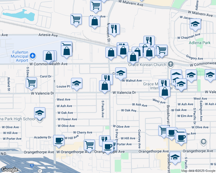 map of restaurants, bars, coffee shops, grocery stores, and more near 2353 West Valencia Drive in Fullerton
