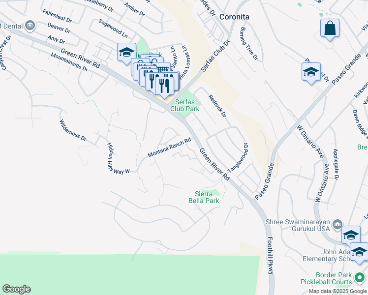 map of restaurants, bars, coffee shops, grocery stores, and more near 2400 Del Mar Way in Corona