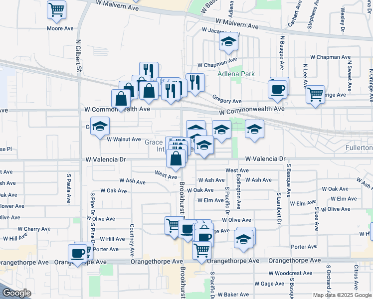 map of restaurants, bars, coffee shops, grocery stores, and more near 1741 West Valencia Drive in Fullerton
