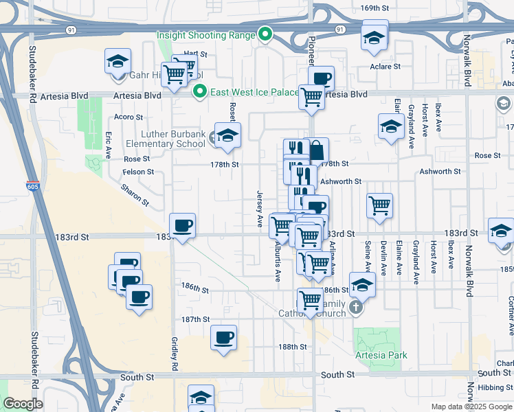 map of restaurants, bars, coffee shops, grocery stores, and more near 18017 Jersey Avenue in Artesia