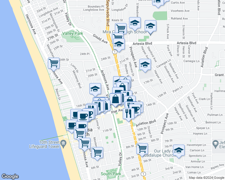 map of restaurants, bars, coffee shops, grocery stores, and more near 1600 Ardmore Avenue in Hermosa Beach