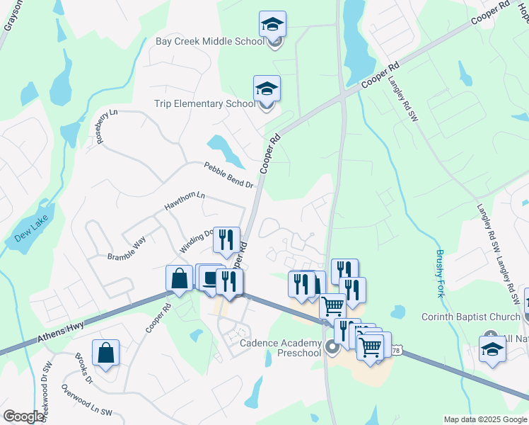 map of restaurants, bars, coffee shops, grocery stores, and more near 1703 Rosebud Court Avenue in Grayson