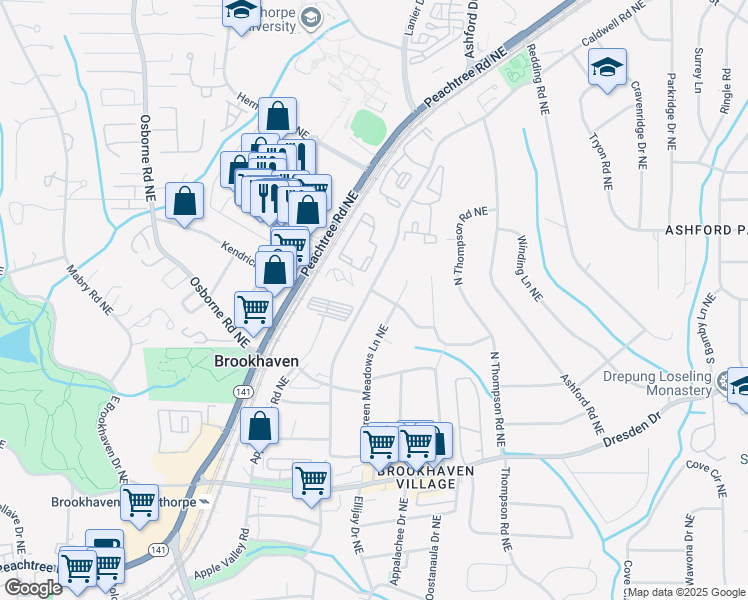 map of restaurants, bars, coffee shops, grocery stores, and more near 1409 Cheshire Way Northeast in Atlanta