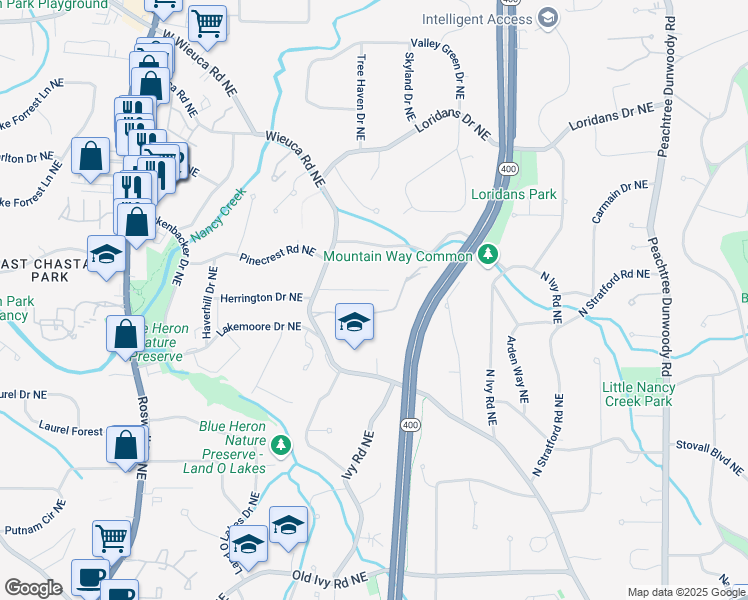 map of restaurants, bars, coffee shops, grocery stores, and more near 515 Danube Road Northeast in Atlanta