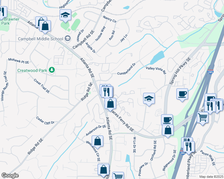 map of restaurants, bars, coffee shops, grocery stores, and more near 2166 Sonoma Drive Southeast in Smyrna