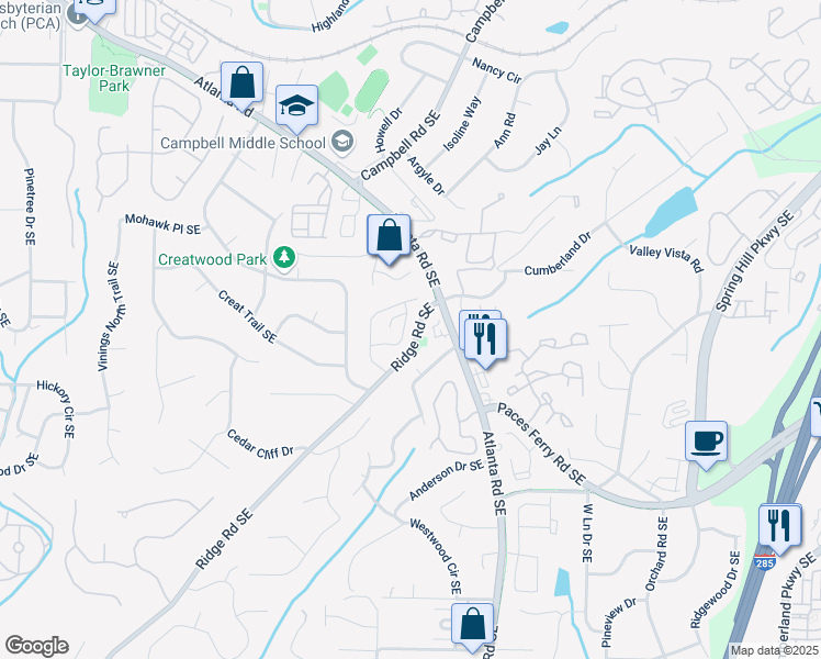 map of restaurants, bars, coffee shops, grocery stores, and more near 3509 Ivy Manor Road Southeast in Smyrna