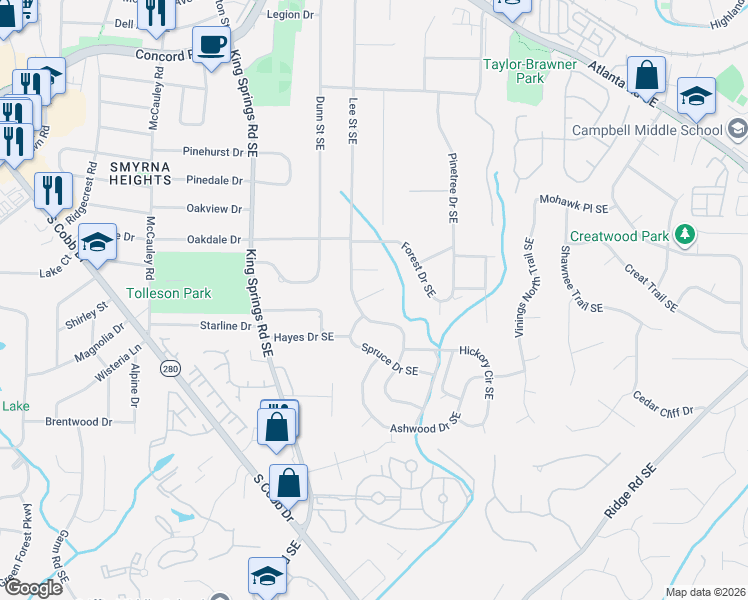 map of restaurants, bars, coffee shops, grocery stores, and more near 1390 Dogwood Circle Southeast in Smyrna