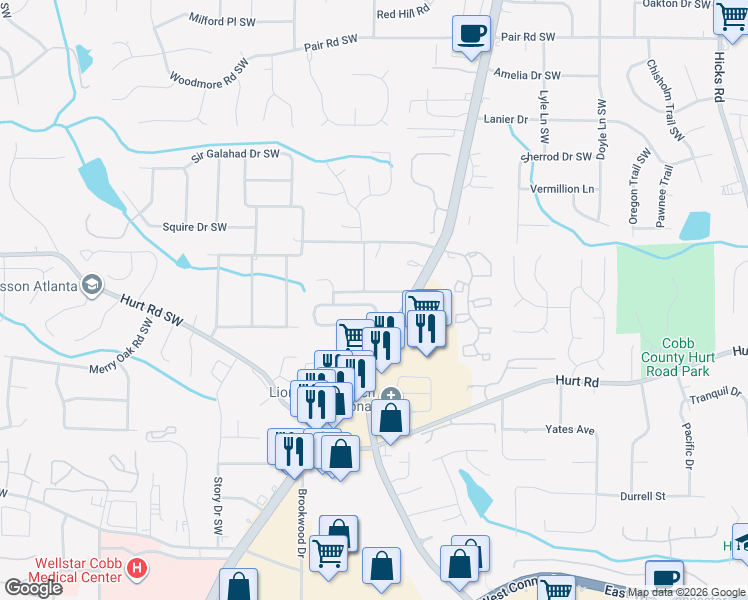 map of restaurants, bars, coffee shops, grocery stores, and more near 1603 Park Brooke Circle Southwest in Marietta