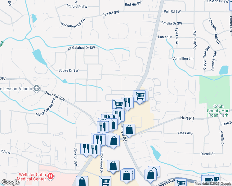 map of restaurants, bars, coffee shops, grocery stores, and more near 1558 Park Brooke Circle Southwest in Marietta