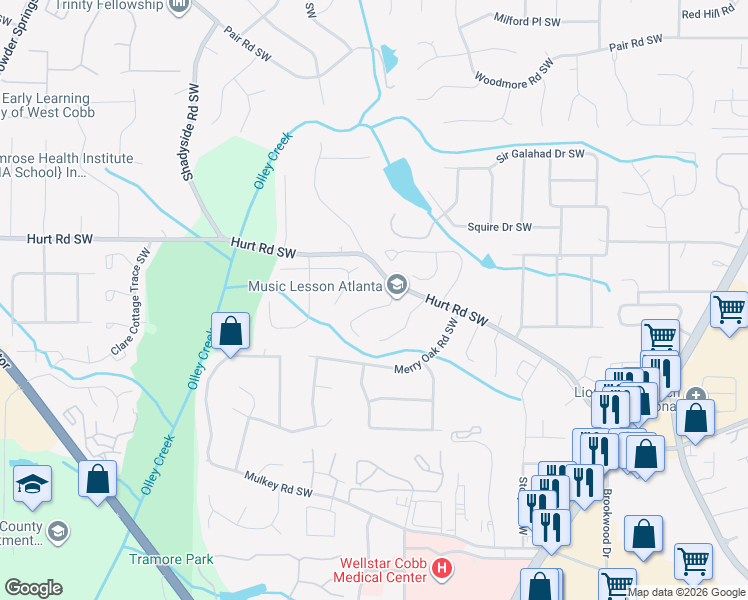 map of restaurants, bars, coffee shops, grocery stores, and more near 3601 Main Station Drive Southwest in Marietta