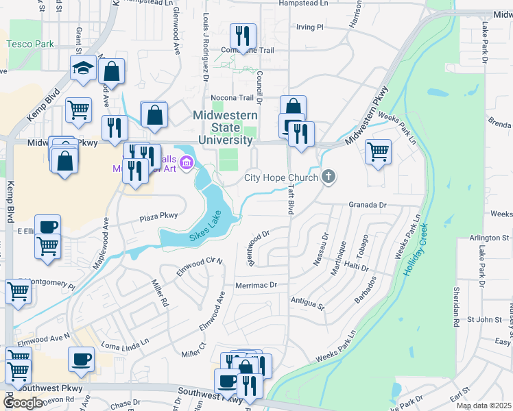 map of restaurants, bars, coffee shops, grocery stores, and more near 2408 Clayton Lane in Wichita Falls