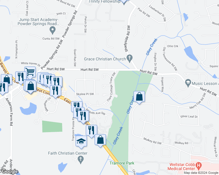 map of restaurants, bars, coffee shops, grocery stores, and more near 3476 Clare Cottage Trace Southwest in Marietta