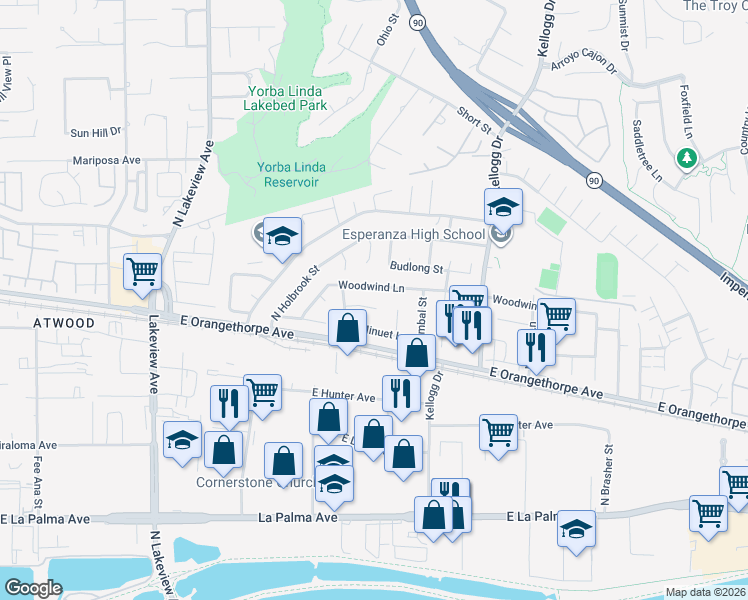 map of restaurants, bars, coffee shops, grocery stores, and more near 18551 East Tango Avenue in Anaheim
