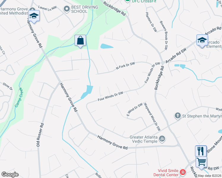 map of restaurants, bars, coffee shops, grocery stores, and more near 224 Windy Court Southwest in Lilburn