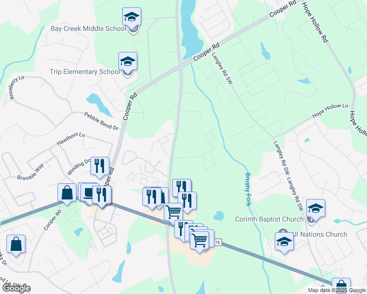 map of restaurants, bars, coffee shops, grocery stores, and more near 2864 Rosebud Road in Loganville