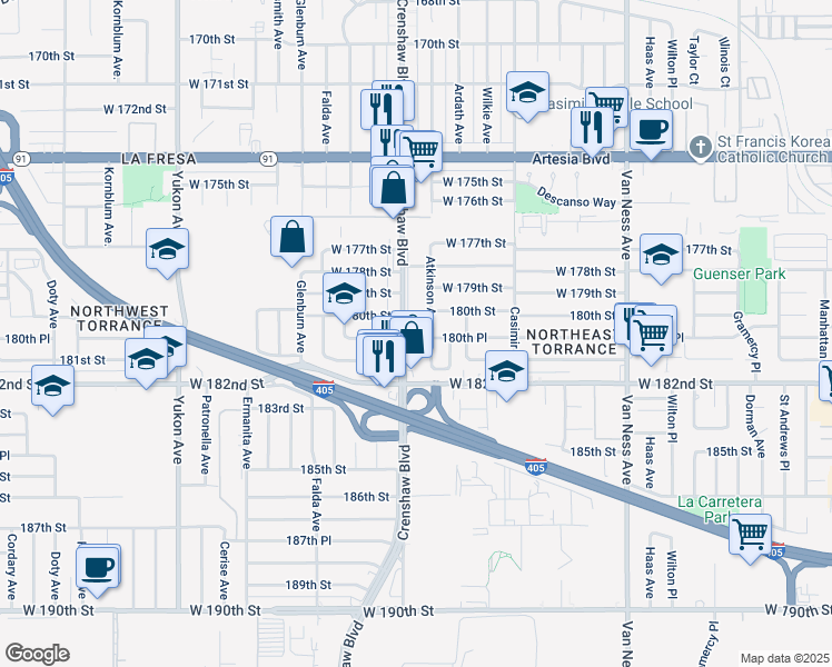 map of restaurants, bars, coffee shops, grocery stores, and more near 18034 Crenshaw Boulevard in Torrance