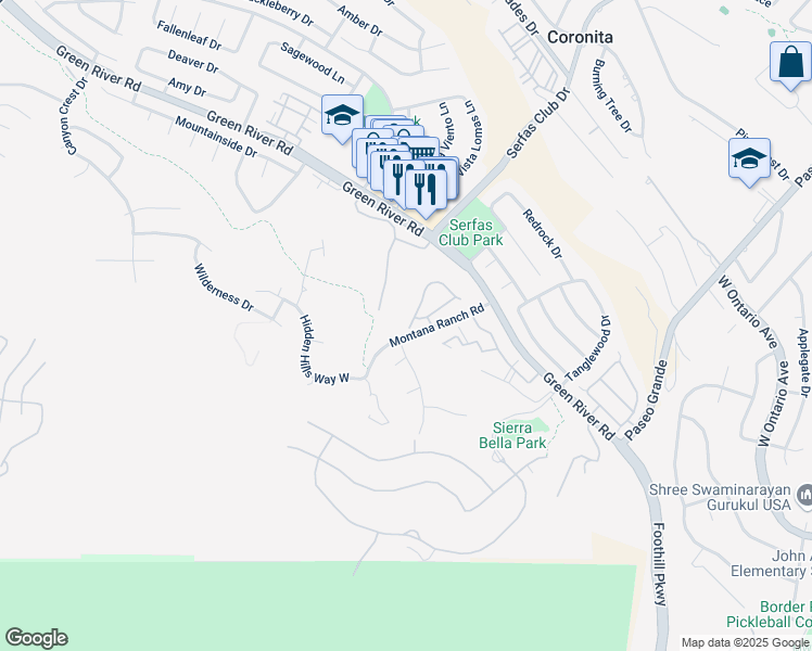 map of restaurants, bars, coffee shops, grocery stores, and more near 1596 Elegante Court in Corona