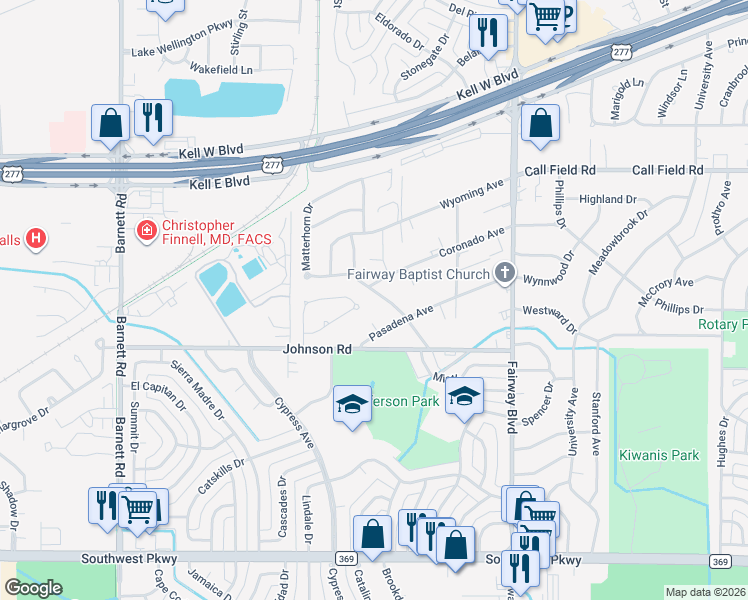 map of restaurants, bars, coffee shops, grocery stores, and more near 4506 Concord Road in Wichita Falls