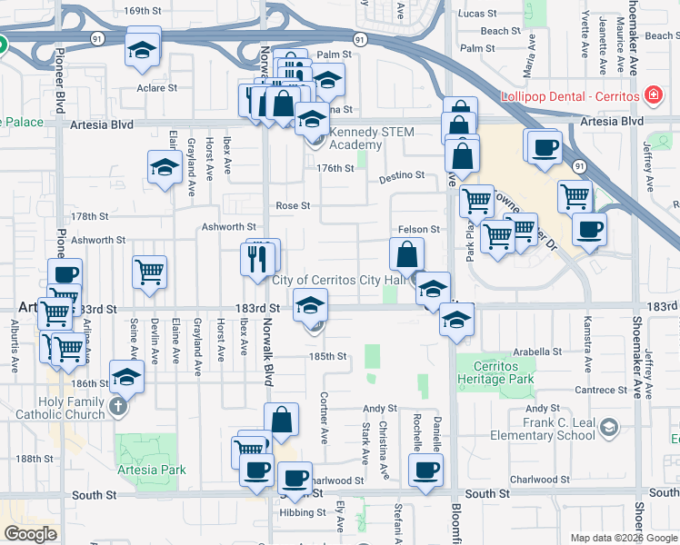 map of restaurants, bars, coffee shops, grocery stores, and more near 12341 Carnaby Street in Cerritos