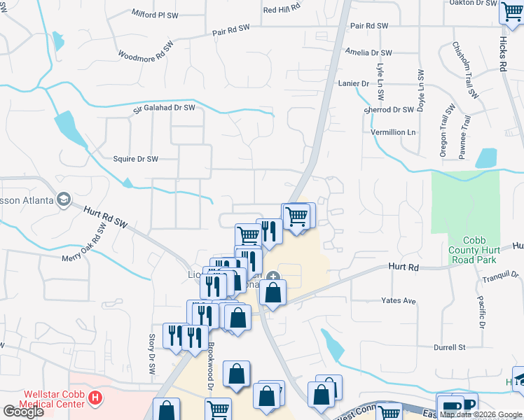 map of restaurants, bars, coffee shops, grocery stores, and more near 1603 Park Brooke Circle Southwest in Marietta