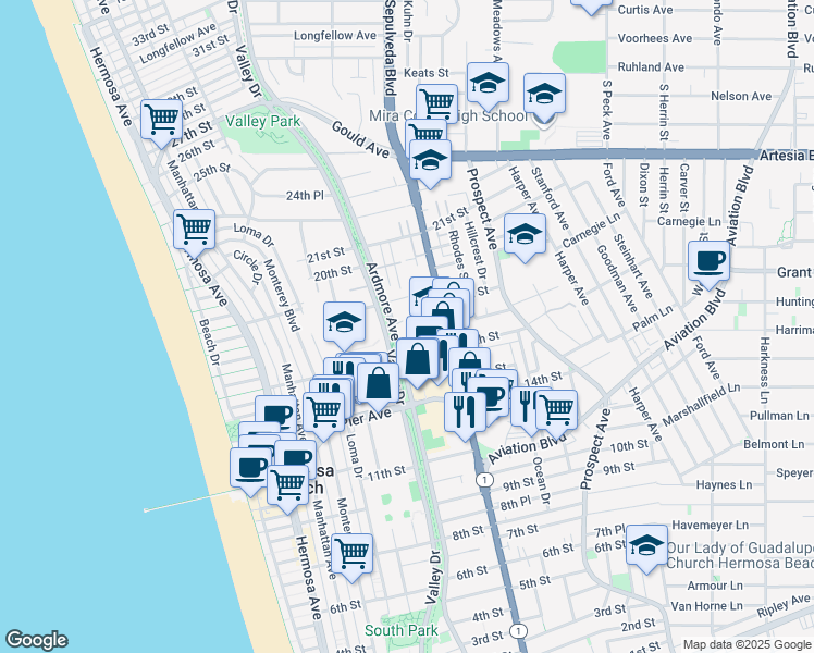 map of restaurants, bars, coffee shops, grocery stores, and more near 1720 Ardmore Avenue in Hermosa Beach