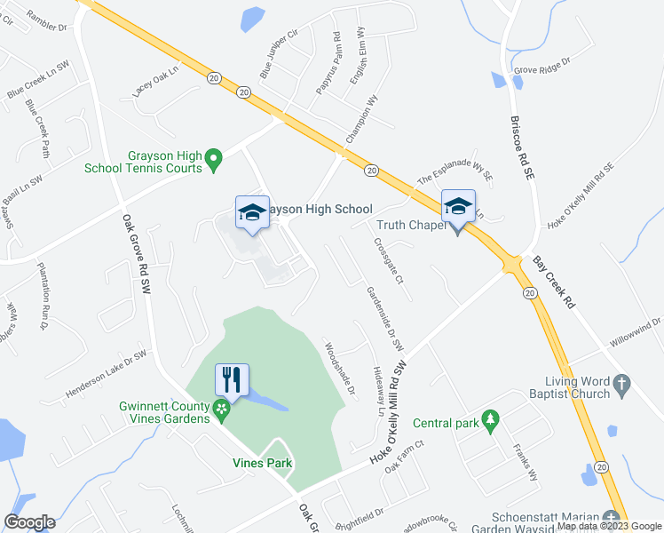 map of restaurants, bars, coffee shops, grocery stores, and more near 3379 Gardenside Walk Southwest in Loganville