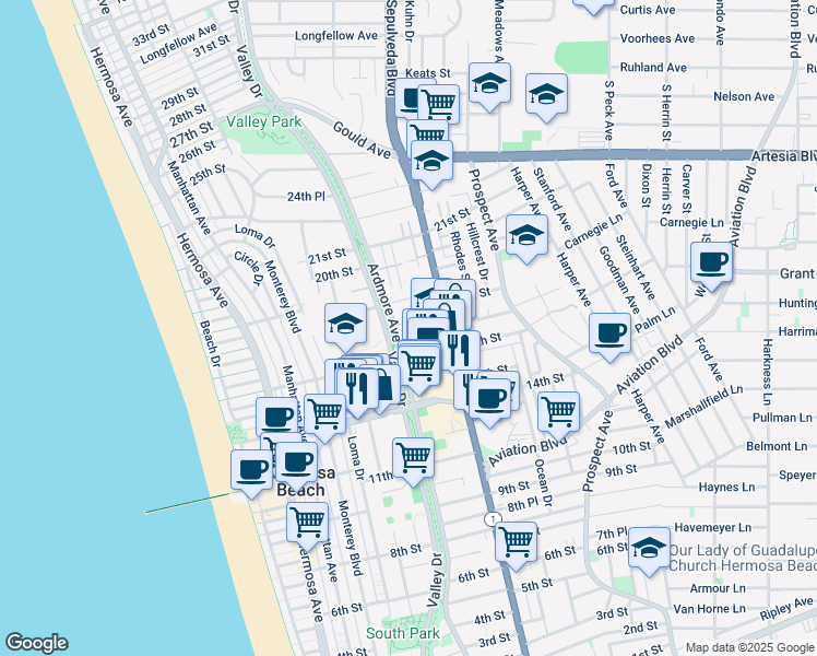 map of restaurants, bars, coffee shops, grocery stores, and more near 1600 Ardmore Avenue in Hermosa Beach