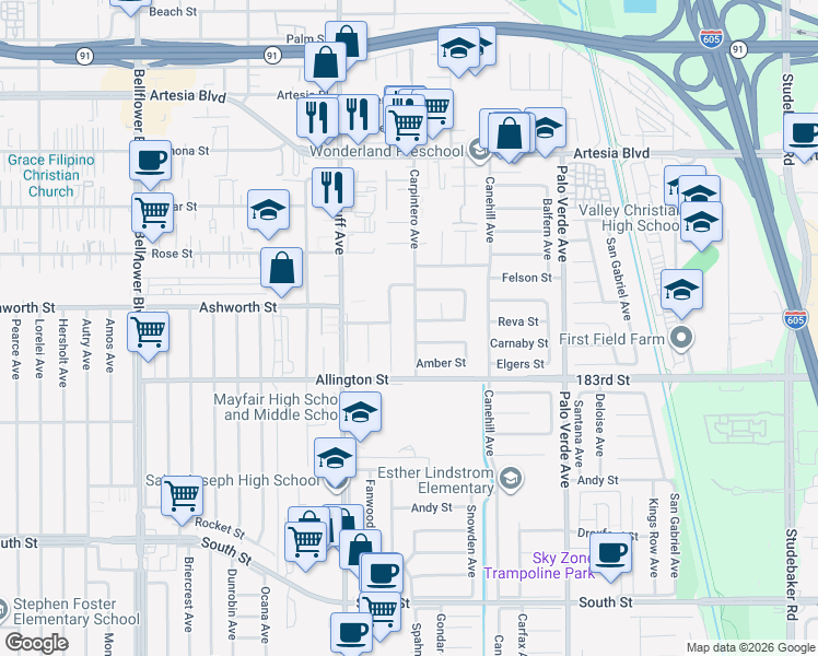 map of restaurants, bars, coffee shops, grocery stores, and more near 6157 Carpintero Avenue in Lakewood