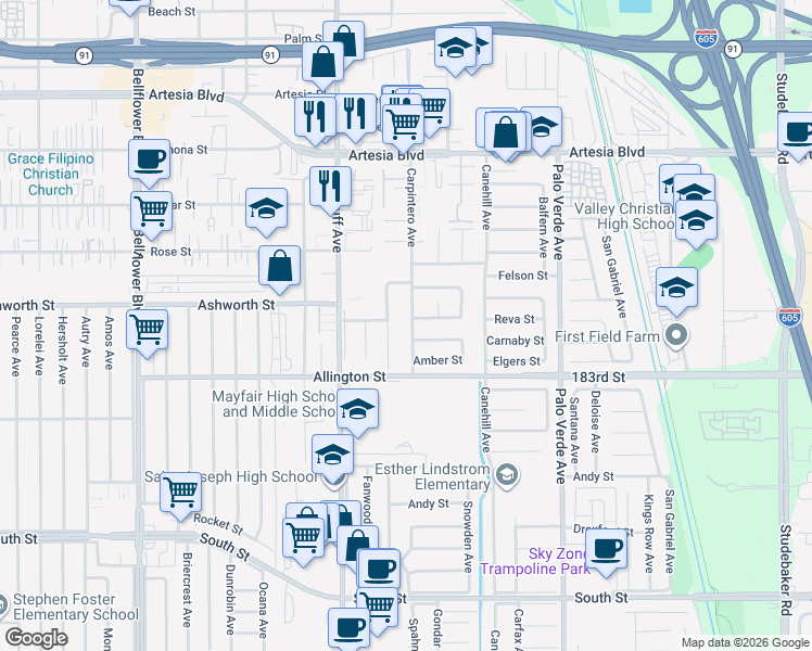 map of restaurants, bars, coffee shops, grocery stores, and more near 6157 Carpintero Avenue in Lakewood