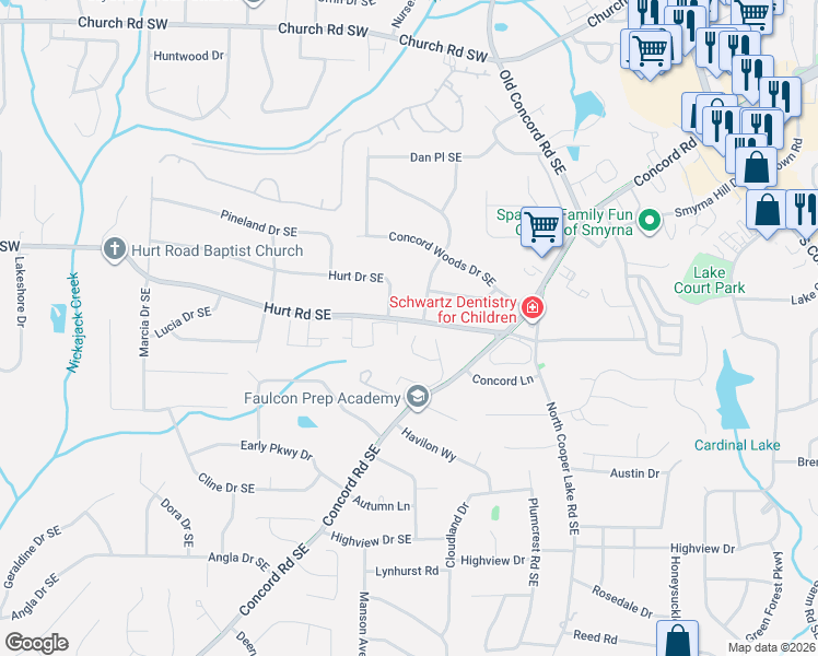 map of restaurants, bars, coffee shops, grocery stores, and more near 432 Auldon Court Southeast in Smyrna