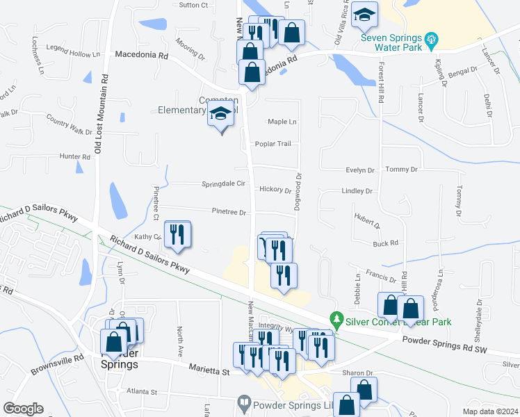 map of restaurants, bars, coffee shops, grocery stores, and more near 4142 Pine Valley Drive in Powder Springs