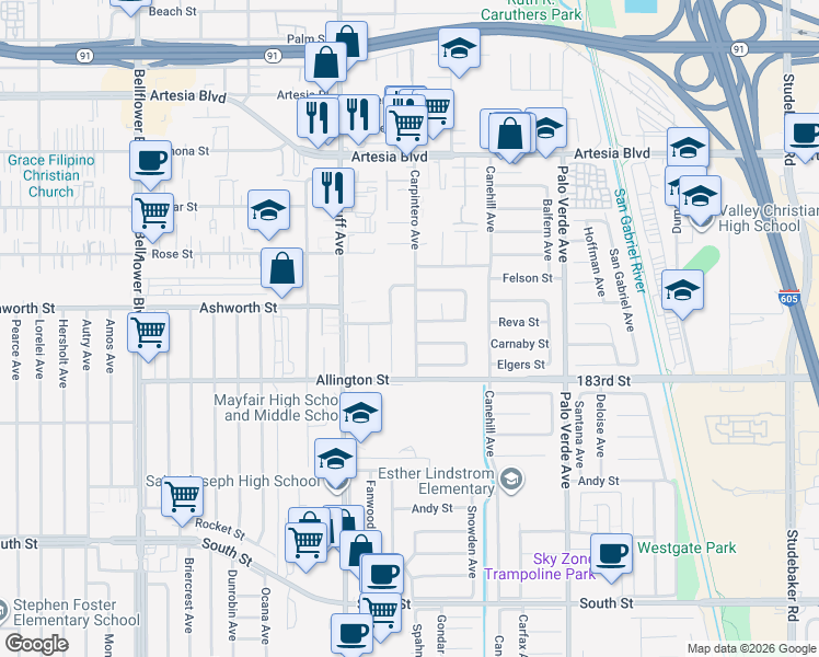 map of restaurants, bars, coffee shops, grocery stores, and more near 6151 Carpintero Avenue in Lakewood